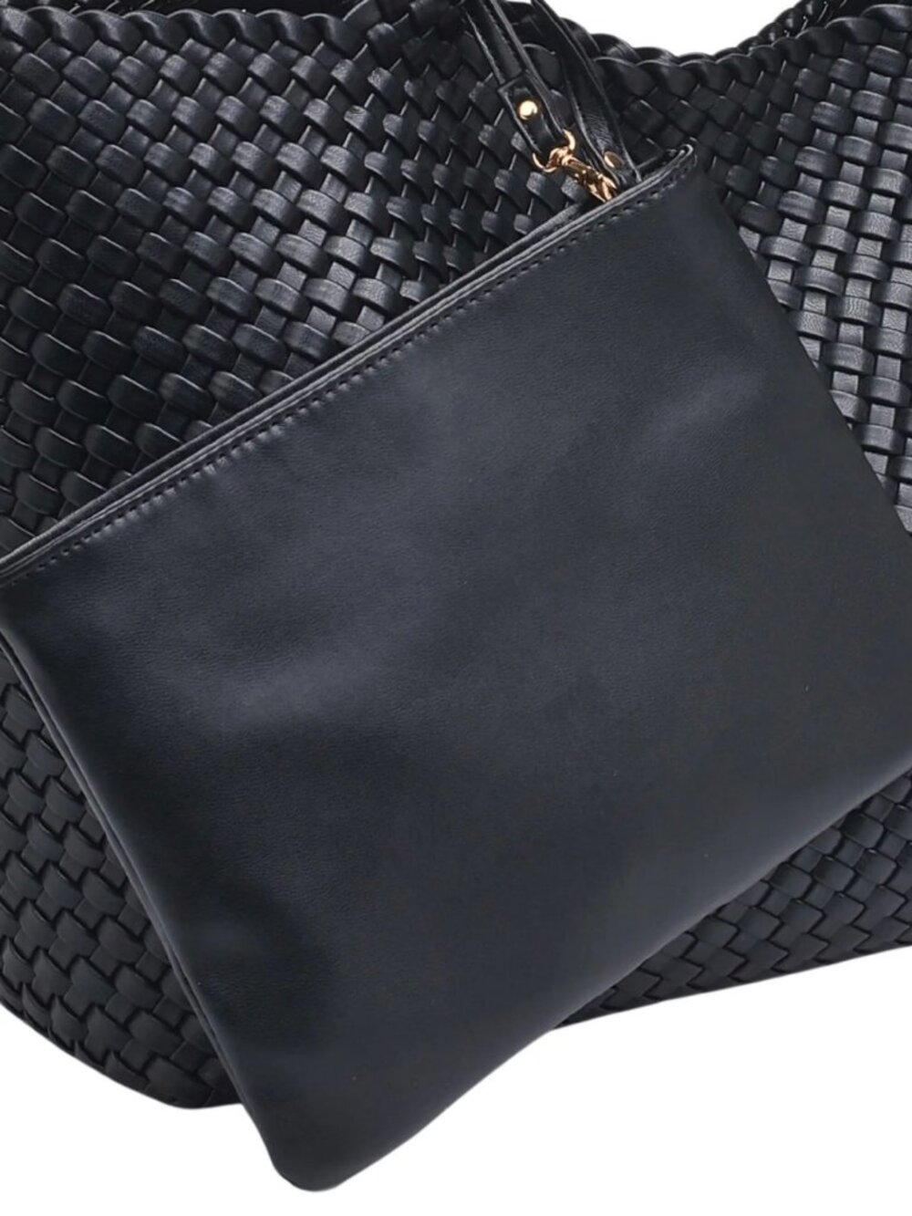 Black Large Woven Vegan Leather Shoulder Tote & Pouch Set - Picture 5 of 8